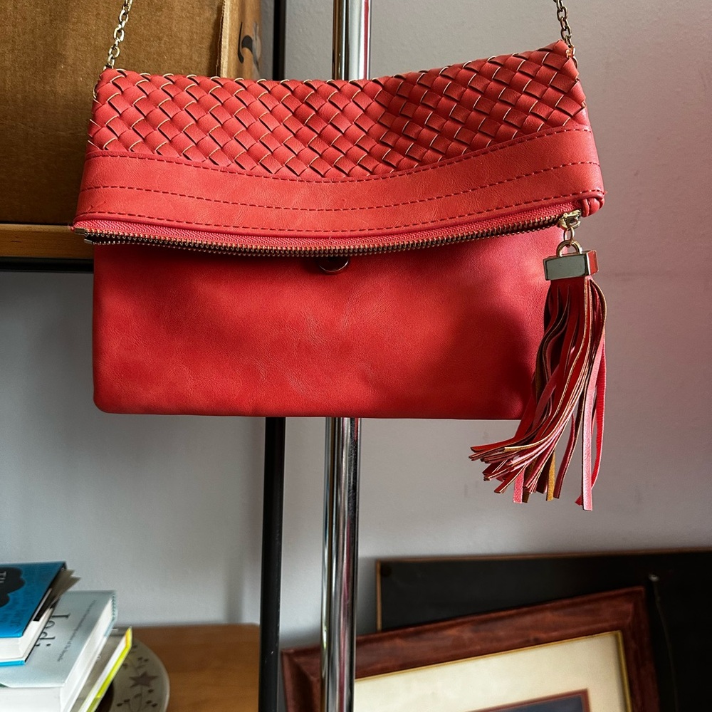 Urban Expressions Coral Vegan Leather Woven Flap Crossbody Bag